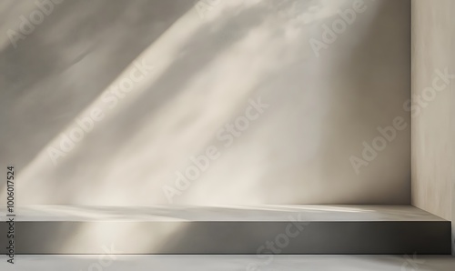  3D table and wall in an empty studio room. Podium against a white wall. Tabletop surface for product presentation. Platform with concrete texture for beauty advertising. 