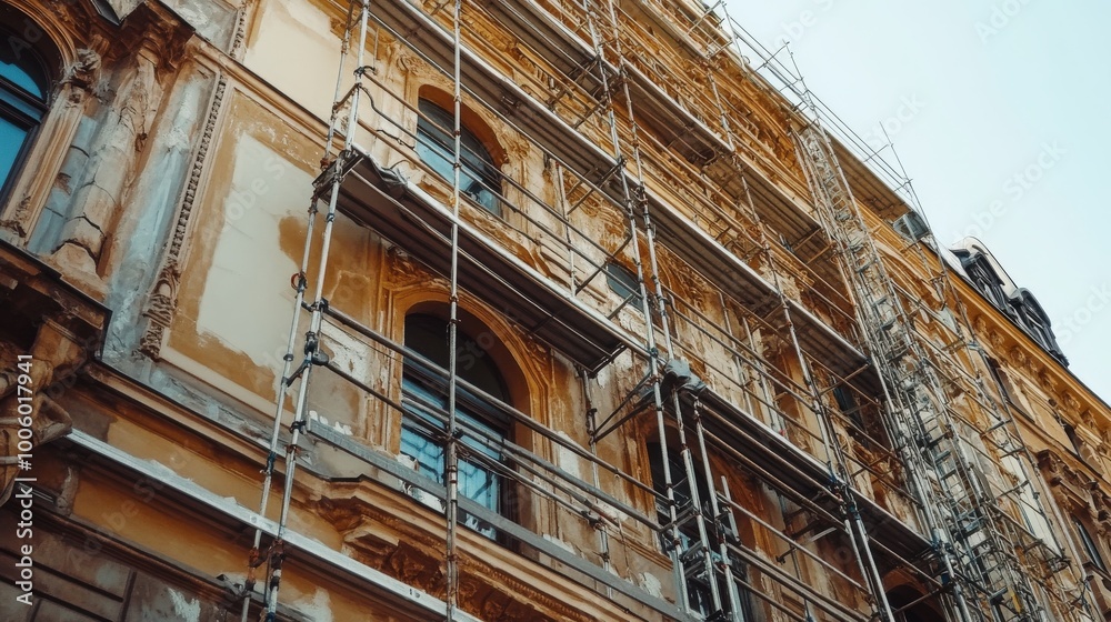 A restoration project in progress on a historic building, with scaffolding A restoration project in progress on a historic building, with scaffolding