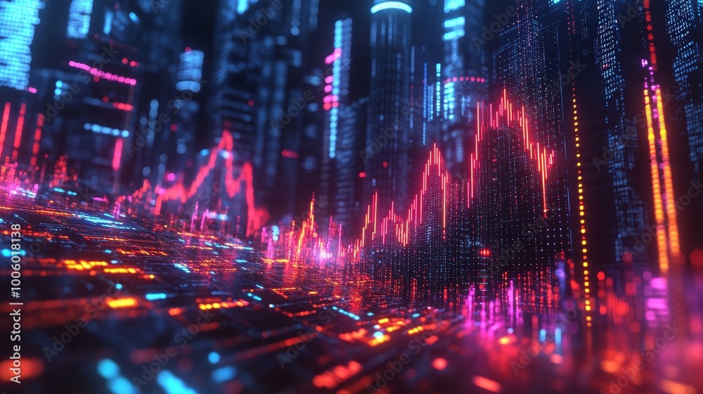Futuristic Cityscape with Neon Lights and Data Flow Futuristic Cityscape with Neon Lights and Data Flow
