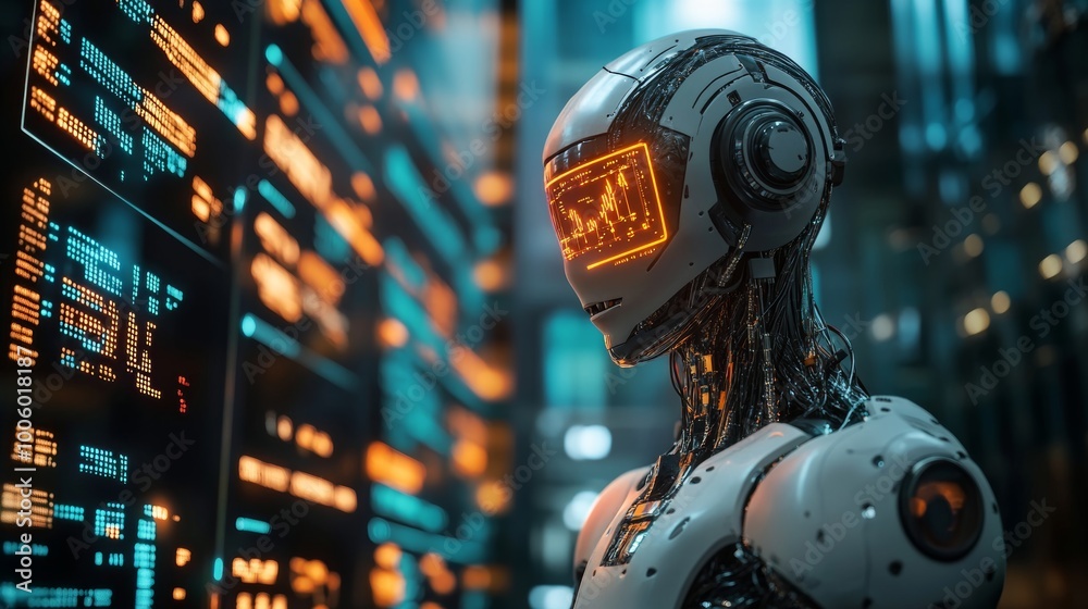 Futuristic Robot with Data Display in a Server Room Futuristic Robot with Data Display in a Server Room