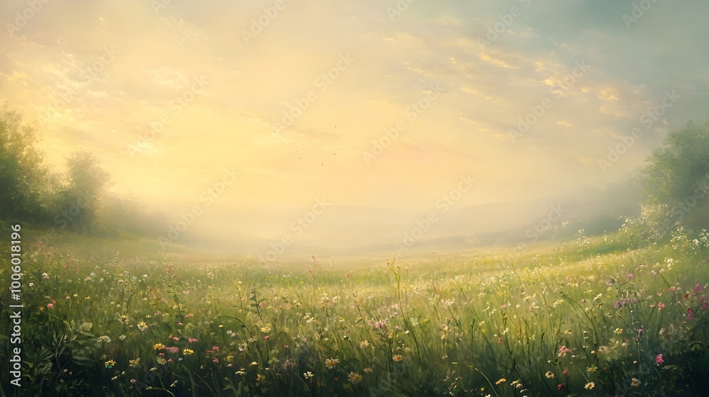 Obraz premium Dreamy pastel colored landscape of a serene meadow dotted with wildflowers wispy ethereal clouds and hazy golden sunlight rendered in a soft