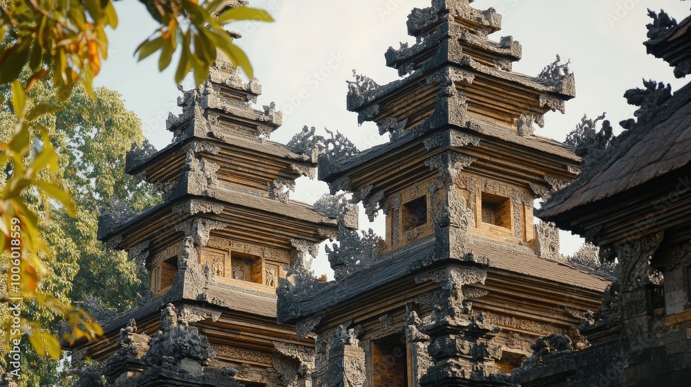 A stunning temple with traditional architectural features, including ornate carvings and tiered roofs A stunning temple with traditional architectural features, including ornate carvings and tiered roofs