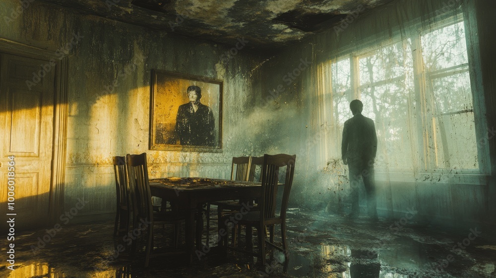 Solitary Figure in Abandoned House with Water Damage and Sunbeams Solitary Figure in Abandoned House with Water Damage and Sunbeams