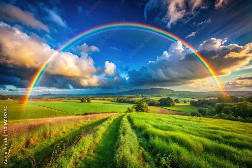 Naklejka premium A radiant rainbow stretches across a peaceful landscape, blending perfectly with the lush green fields beneath and the clear blue skies above, creating a stunning view.
