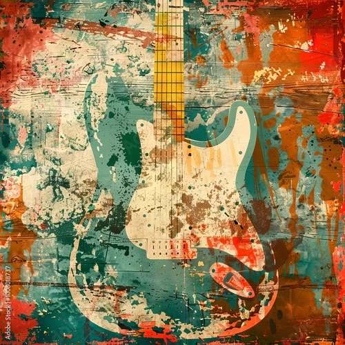 A colorful abstract illustration of an electric guitar with a grunge texture, perfect for music-themed designs and artistic projects. photo