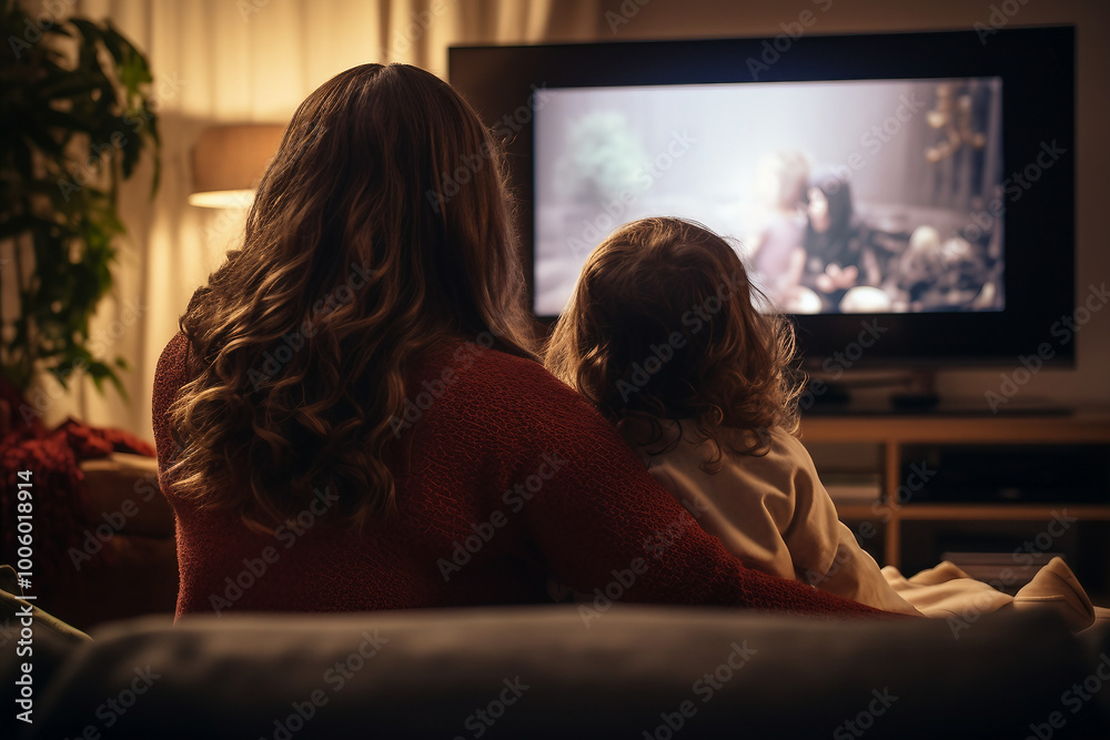 AI generated rear view photo of happy mommy and child watching movie indoors AI generated rear view photo of happy mommy and child watching movie indoors