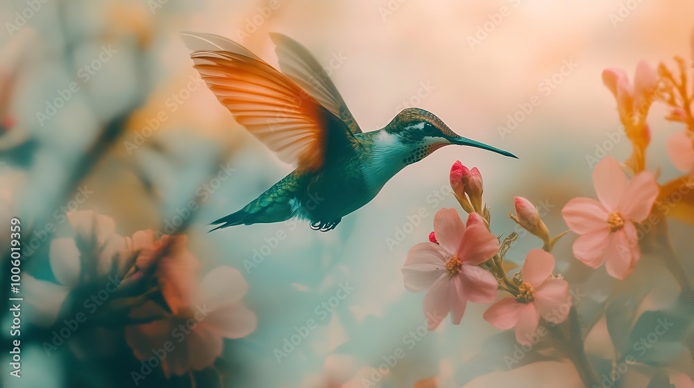 Double exposure photo of a flying hummingbird between flowers Double exposure photo of a flying hummingbird between flowers