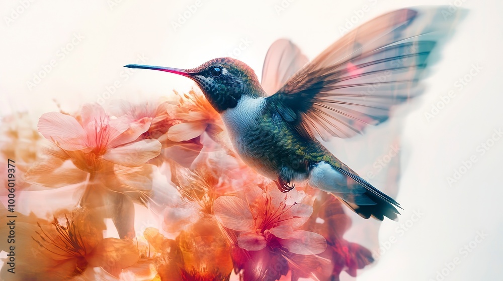 Fototapeta premium Double exposure photo of a flying hummingbird between flowers