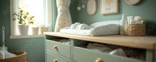 Nursery changing table with organized drawers, green decor, and natural light.