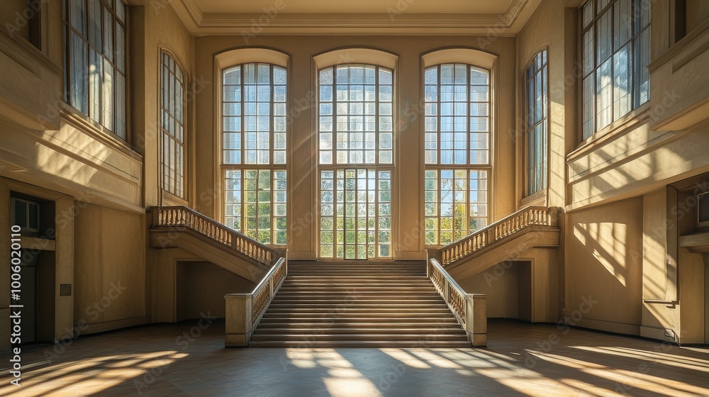 Obraz premium An interior architectural photograph of a grand staircase, with natural light streaming through large windows