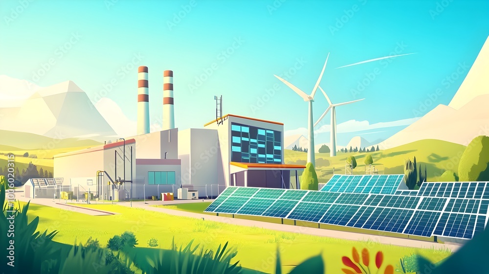 Obraz premium Simplified cartoon esque power facility featuring a compact green energy station with minimal yet efficient solar panels and wind turbines