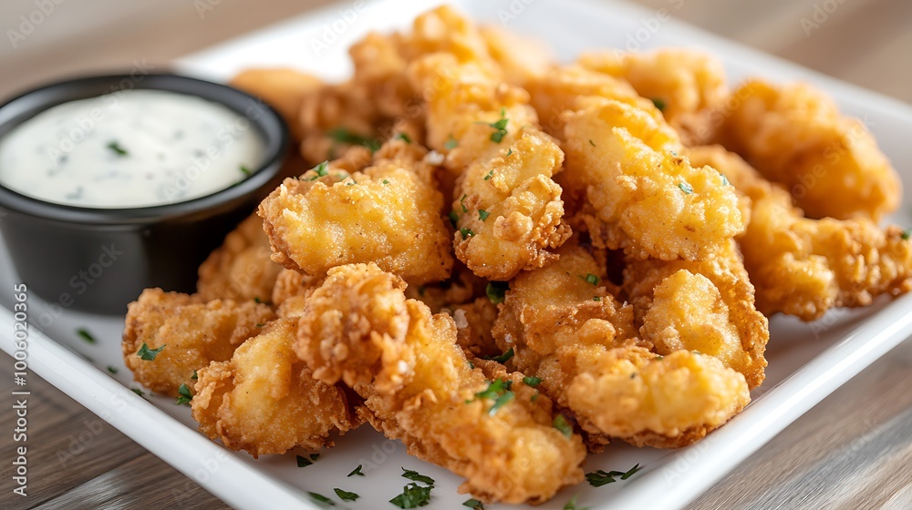 A plate of crispy fried clam strips with a side of tartar sauce A plate of crispy fried clam strips with a side of tartar sauce