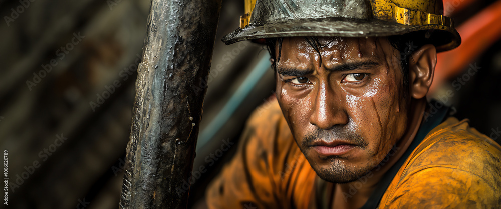 A close-up captures sweat cascading down a worker's temple during intense physical labor under the sun A close-up captures sweat cascading down a worker's temple during intense physical labor under the sun