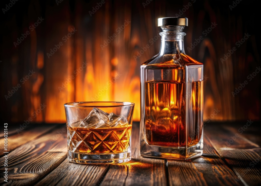 A sophisticated whiskey bottle paired with a glass shines on a wooden table, highlighting its rich amber hue and premium quality, embodying elegance and refinement. A sophisticated whiskey bottle paired with a glass shines on a wooden table, highlighting its rich amber hue and premium quality, embodying elegance and refinement.