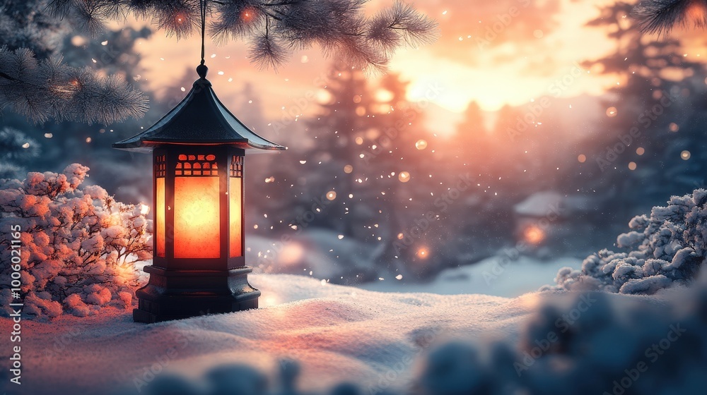 Winter Lantern in a Snowy Landscape at Sunset Winter Lantern in a Snowy Landscape at Sunset