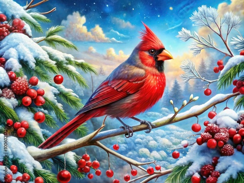 A stunning cardinal perched on snowy branches, capturing the essence of winterâ€™s beauty, perfect for enhancing home and office spaces with a serene nature vibe. photo