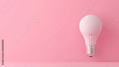 A simple light bulb hangs against a soft pink background, creating a minimalist and modern aesthetic.