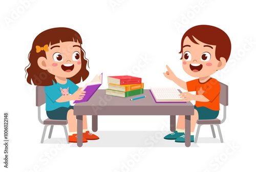 little kid read book together with friend on library