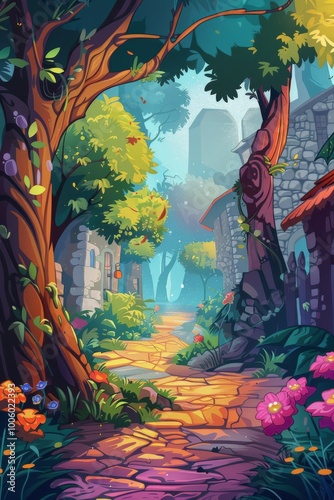 A whimsical, vibrant illustration of a fantasy village pathway surrounded by lush greenery, colorful flowers, and charming stone houses.