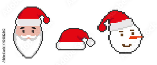 Pixel art Santa Claus hat and snowman icon set in y2k style. Game Christmas or New Year bit attributes. Vector illustration on white background