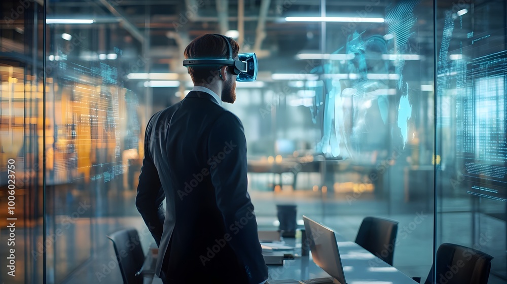 Fototapeta premium Corporate Leader Guiding Virtual Business Meeting with Holographic Tools in Sleek Glass Walled Office Futuristic workspace showcasing advanced leadership in a modern efficient setting
