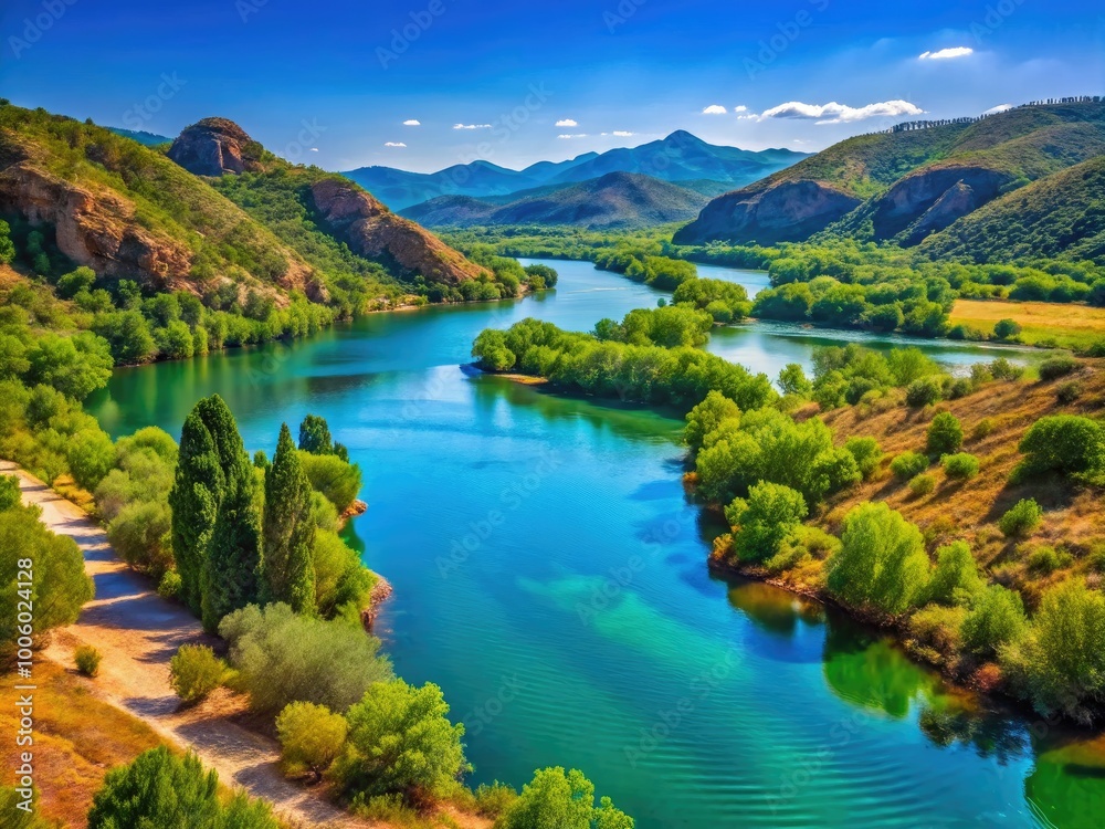 Fototapeta premium A tranquil Ebro River winds through verdant landscapes, framed by majestic mountains, all beneath a pristine blue sky, creating a peaceful natural retreat.