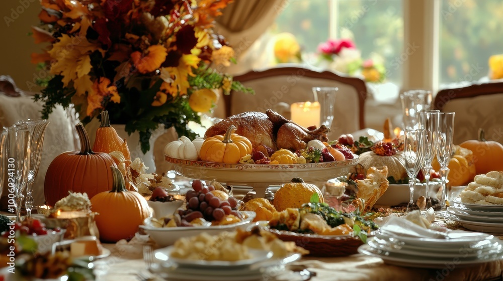 Festive Thanksgiving Dinner Table Setting with Decorations Festive Thanksgiving Dinner Table Setting with Decorations
