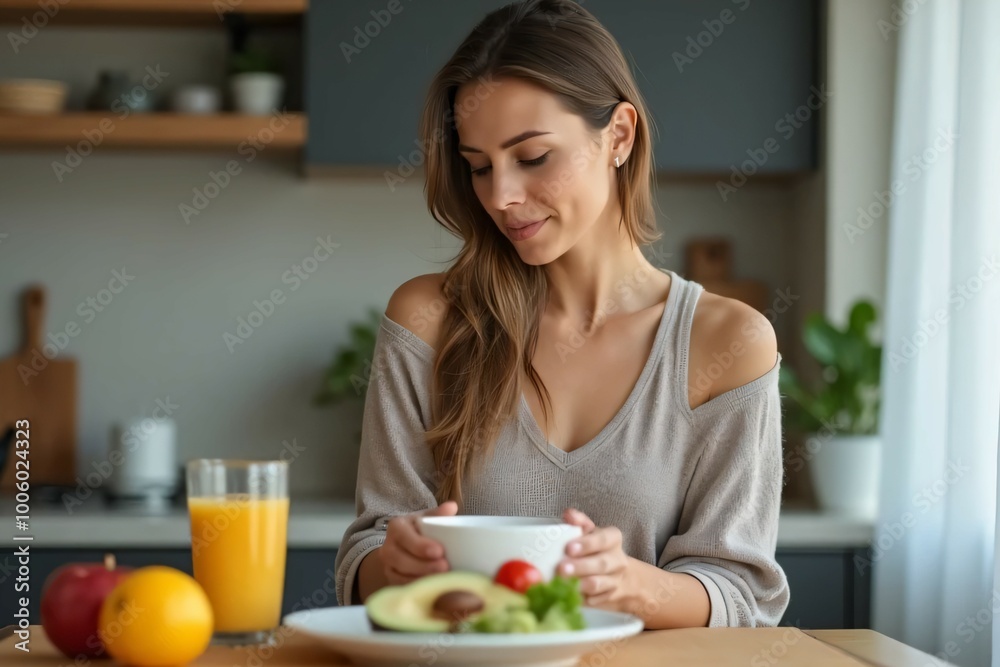 Woman on a diet with soup in her hand Breakfast during a fasting meal Woman waiting for a meal during a fasting meal Woman on a diet with soup in her hand Breakfast during a fasting meal Woman waiting for a meal during a fasting meal