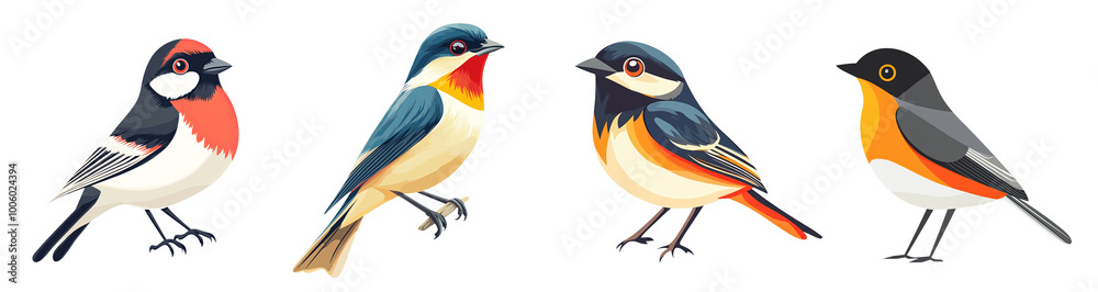 Obraz premium colorful cartoon birds illustration showcasing various species transparent background