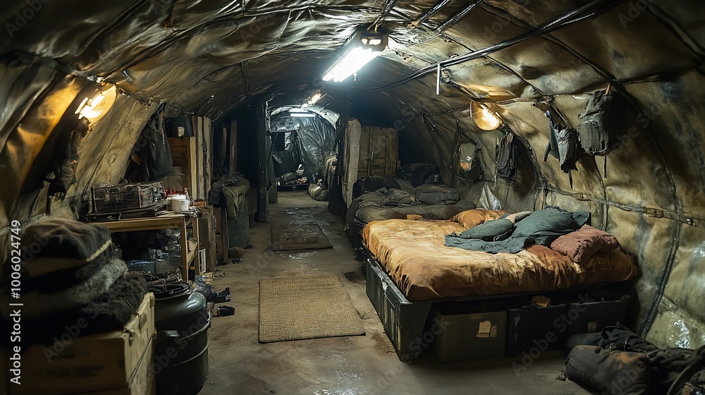 A simple, makeshift underground shelter with a bed, storage, and a light. A simple, makeshift underground shelter with a bed, storage, and a light.