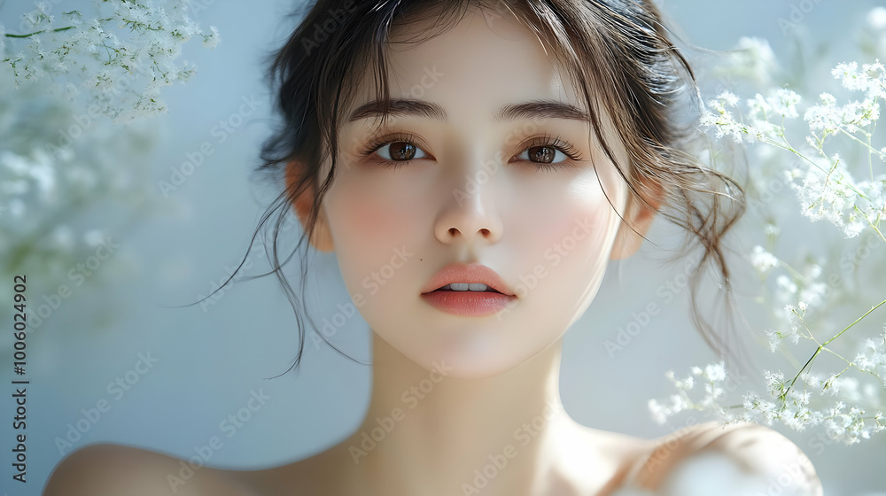Close-up Portrait of a Woman with Flowers, Soft and Delicate Beauty Close-up Portrait of a Woman with Flowers, Soft and Delicate Beauty