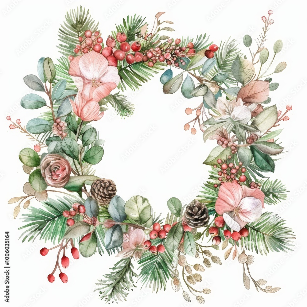 Beautiful watercolor Christmas wreath featuring pinecones, berries, and lush greenery. Ideal for festive decorations and seasonal artwork. Beautiful watercolor Christmas wreath featuring pinecones, berries, and lush greenery. Ideal for festive decorations and seasonal artwork.