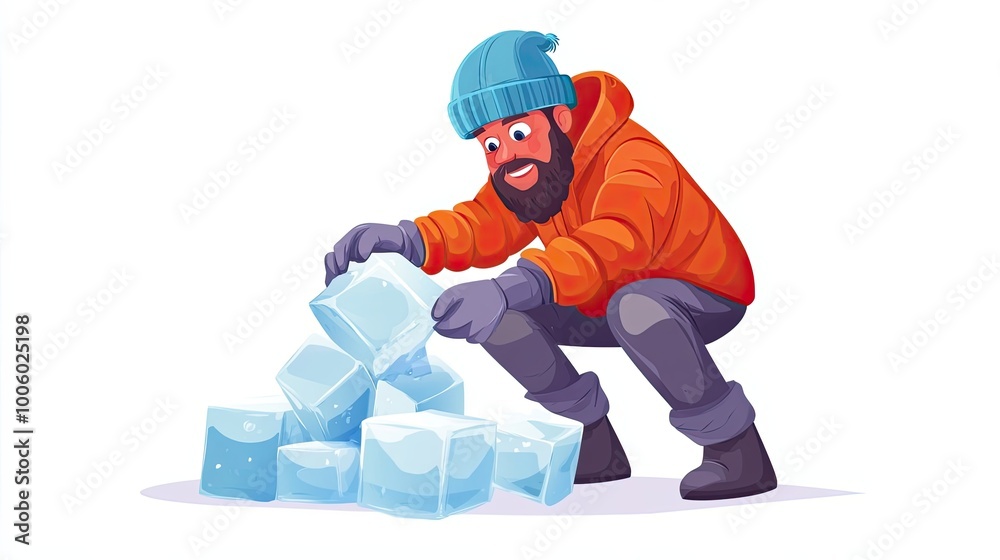 Bearded man in winter clothes picking up ice cubes Bearded man in winter clothes picking up ice cubes