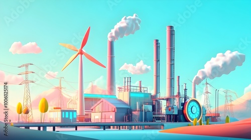 Minimalist animated depiction of a small scale power facility with a stylized caricature like aesthetic compact and streamlined wind turbines generating clean and sustainable energy photo