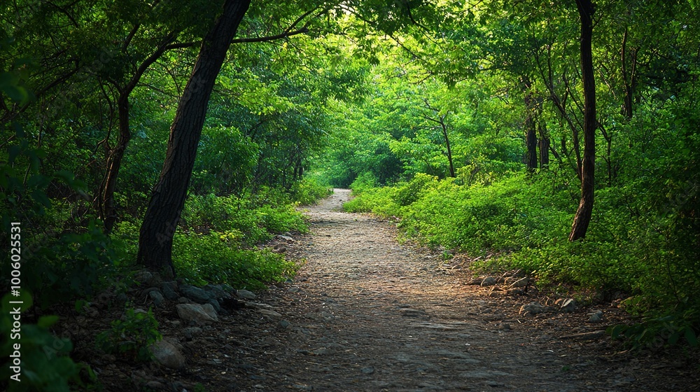 Fototapeta premium Serene Forest Pathway Surrounded by Greenery