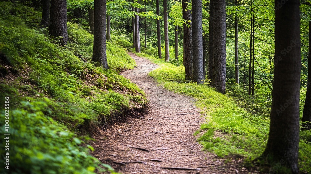 Obraz premium Serene Forest Pathway Surrounded by Lush Vegetation
