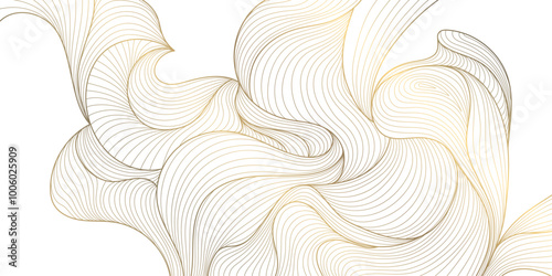 Vector gold on white line wave pattern, geometric curve premium design, japanese style poster. Abstract swirl shape graphic