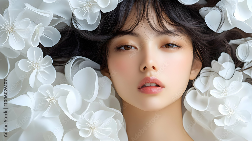 Woman Surrounded by White Flowers, Soft and Beautiful Woman Surrounded by White Flowers, Soft and Beautiful