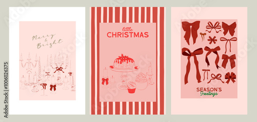 Collection of retro Christmas greeting or invitation card. Holidays poster. Food and drink. Editable vector illustration.