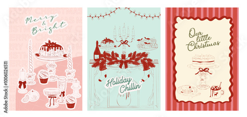 Collection of retro Christmas greeting or invitation card. Holidays poster. Food and drink. Editable vector illustration.