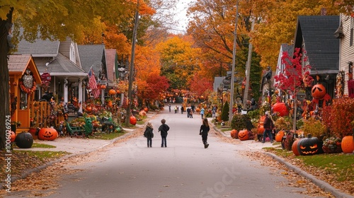 Explore a picturesque suburban neighborhood adorned for Halloween. Children in costumes enjoy the colorful scene filled with pumpkins and festive decorations.