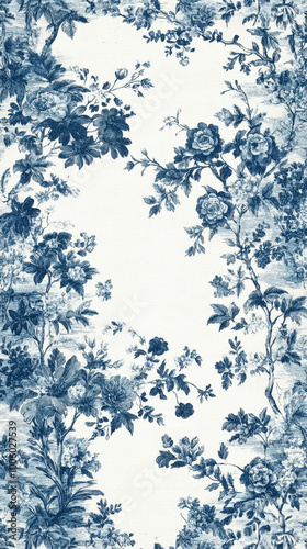 Aesthetic invitation template on tender toile de jouy vintage floral pattern in blue and white, top view. Generative AI
