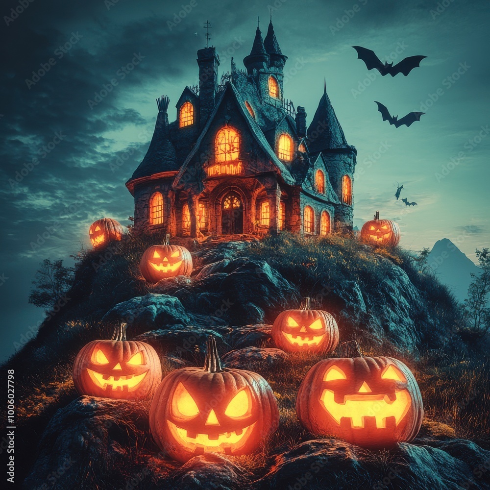 A spooky mansion illuminated by glowing pumpkins, set against a dark sky filled with bats, perfect for Halloween themes. A spooky mansion illuminated by glowing pumpkins, set against a dark sky filled with bats, perfect for Halloween themes.