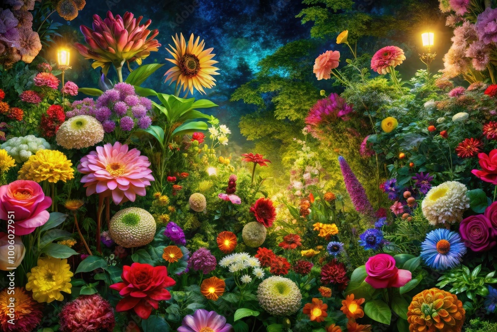 Fototapeta premium A vivid wallpaper design showcasing a lush garden bursting with colorful flowers and rich greenery, creating a vibrant backdrop that enhances any interior space.