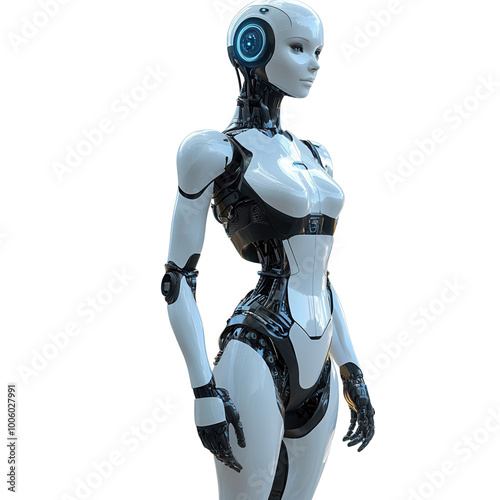 Futuristic humanoid robot with sleek design, standing in a neutral pose. Concept of advanced AI, technology, and robotics isolate on transparency background