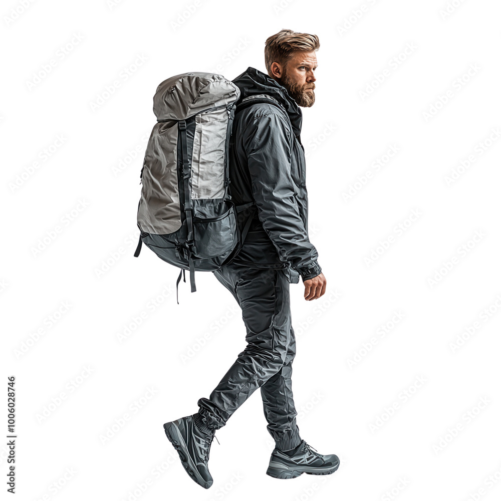 Man hiking with a large backpack wearing outdoor gear, isolated on white background. Perfect for travel and adventure concepts isolate on transparency background Man hiking with a large backpack wearing outdoor gear, isolated on white background. Perfect for travel and adventure concepts isolate on transparency background