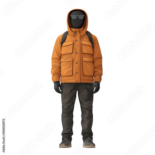 Man in orange jacket and black pants with backpack, isolated on white background. Outdoor winter clothing and gear for hiking or travel isolate on transparency background