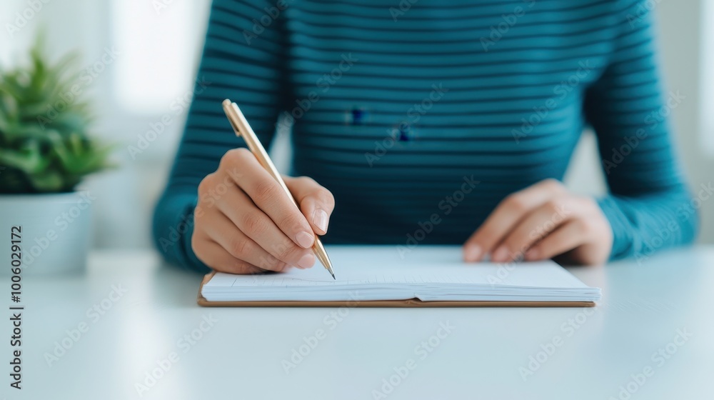 Fototapeta premium A close-up of a person writing in a notebook, showcasing their focused hand movement with a pencil against a softly blurred background.
