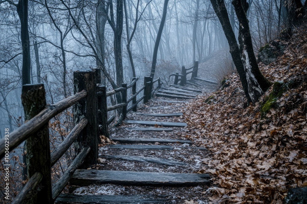 Mysterious pathway through the dark foggy forest in cold tones - generative ai Mysterious pathway through the dark foggy forest in cold tones - generative ai