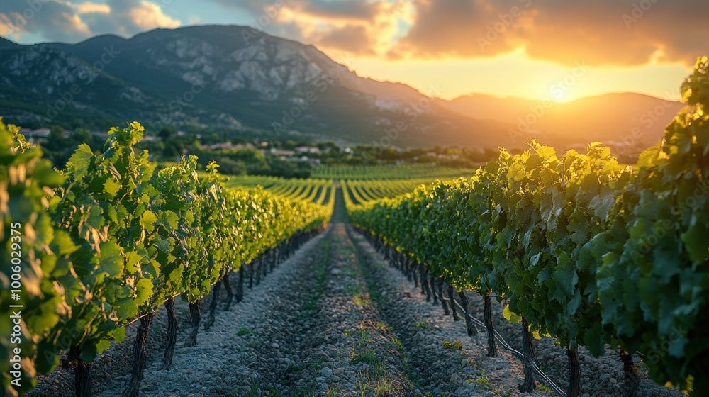 Naklejka premium Vineyard Sunset in the Mountains